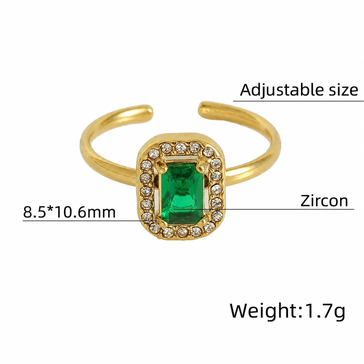 Ornate 18K Gold-Plated Open-Front CZ Halo Ring - Gold Square Green CZ