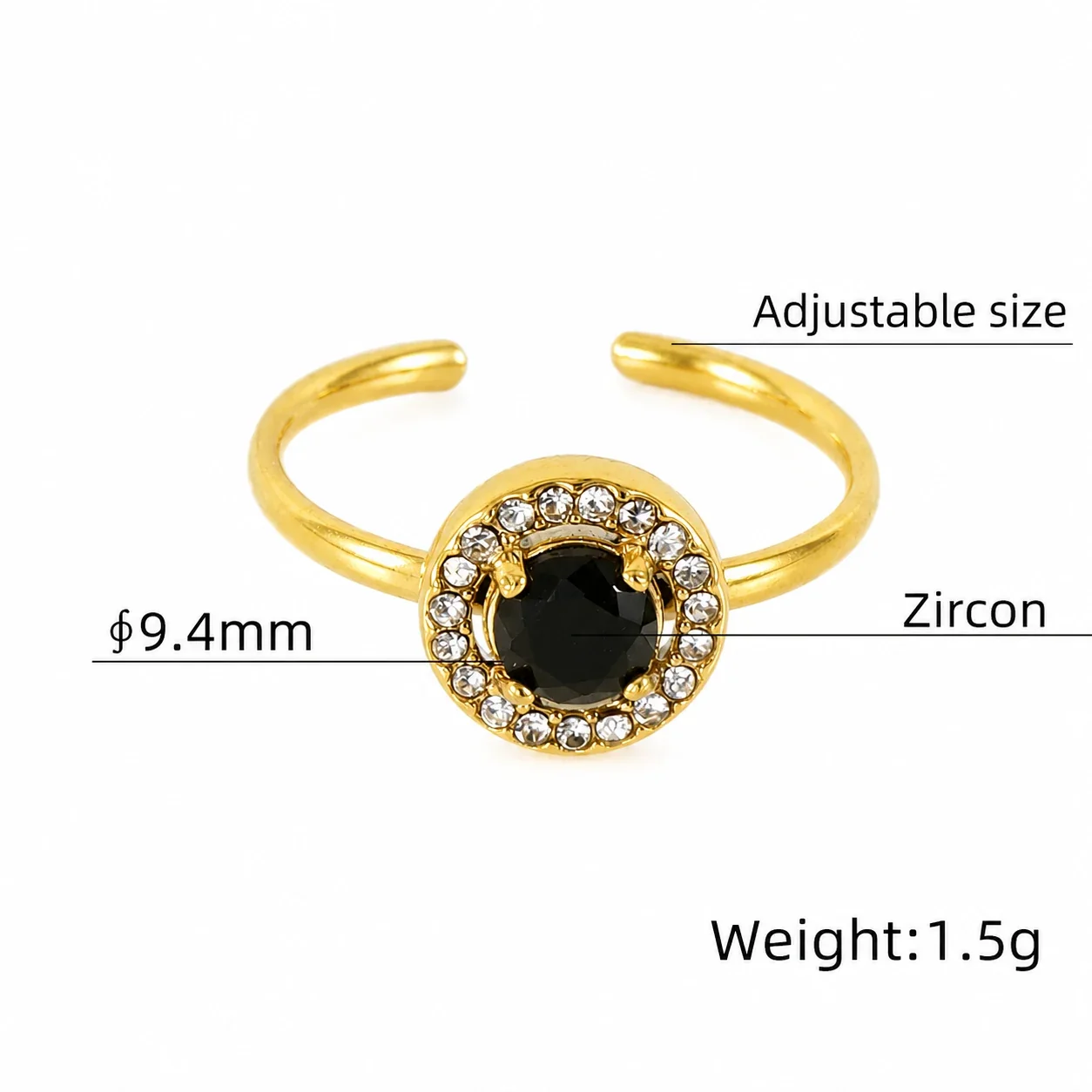Ornate 18K Gold-Plated Open-Front CZ Halo Ring - Gold Round Black CZ