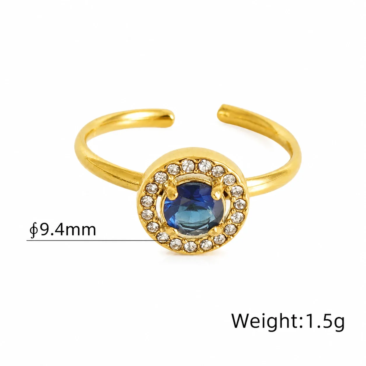 Ornate 18K Gold-Plated Open-Front CZ Halo Ring - Gold Round Blue CZ