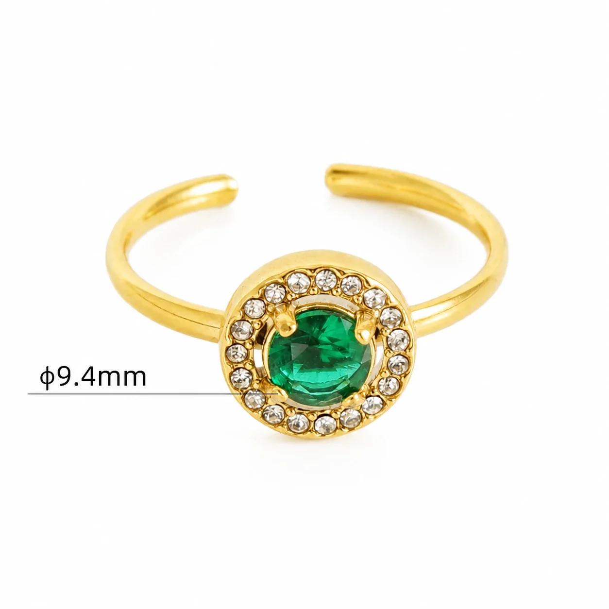 Ornate 18K Gold-Plated Open-Front CZ Halo Ring - Gold Round Green CZ