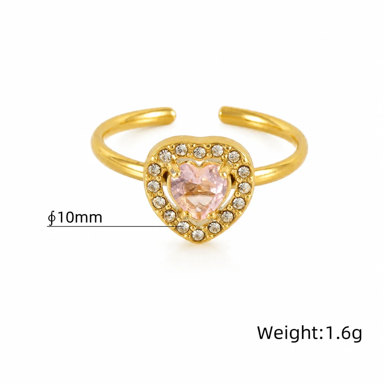 Ornate 18K Gold-Plated Open-Front CZ Halo Ring - Gold Heart Pink CZ
