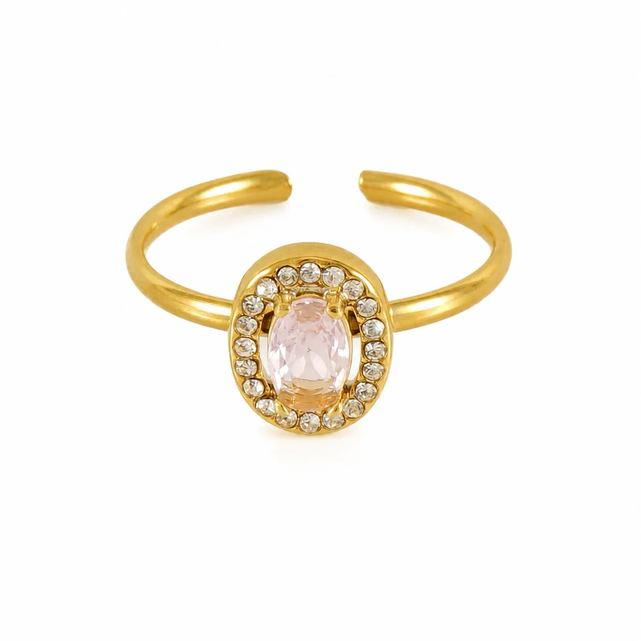 Ornate 18K Gold-Plated Open-Front CZ Halo Ring - Gold Oval Pink CZ