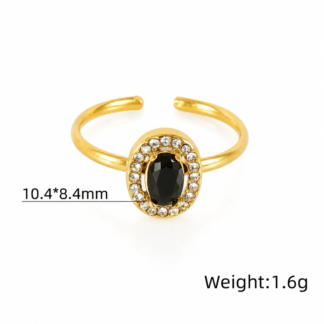 Ornate 18K Gold-Plated Open-Front CZ Halo Ring - Gold Oval Black CZ