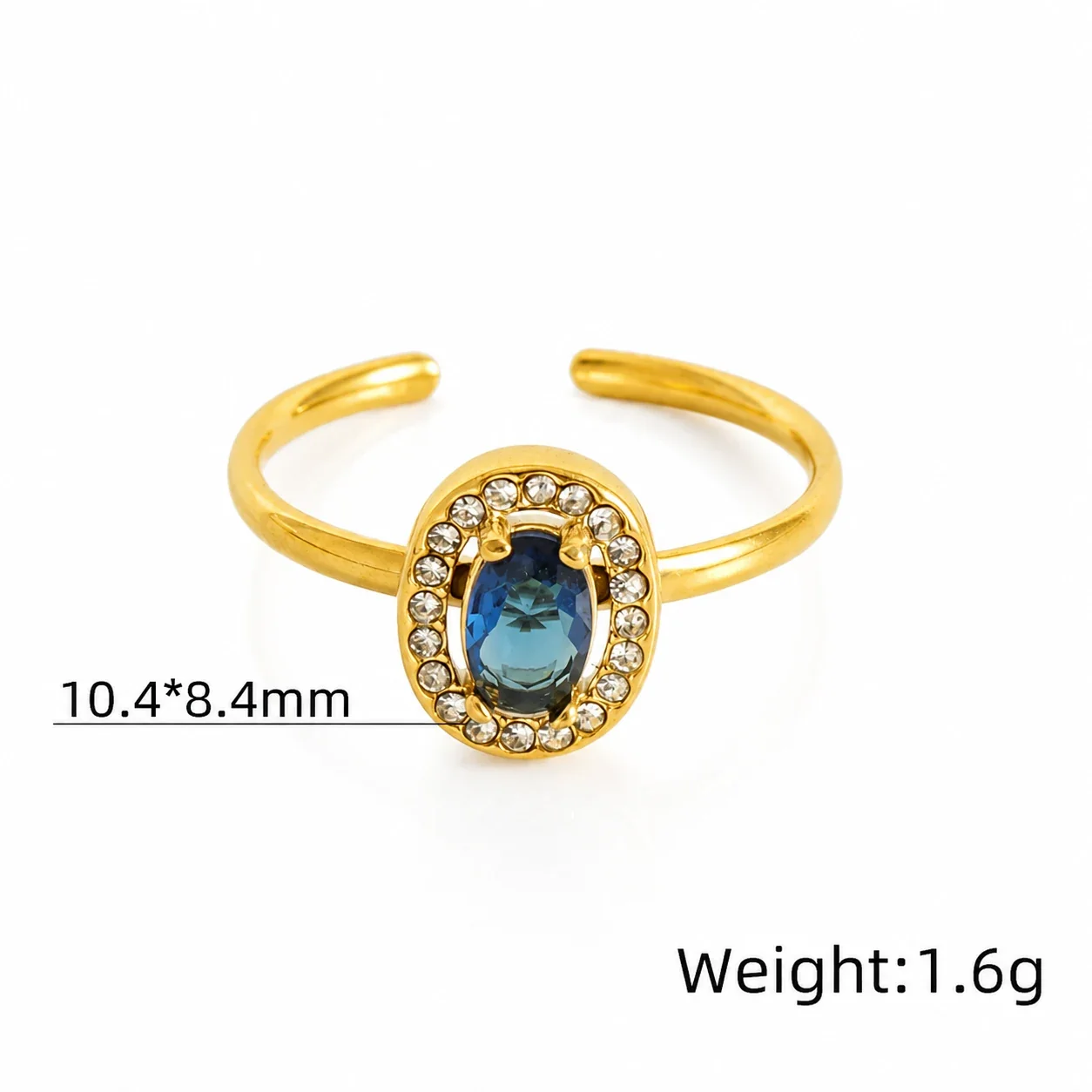 Ornate 18K Gold-Plated Open-Front CZ Halo Ring - Gold Oval Blue CZ