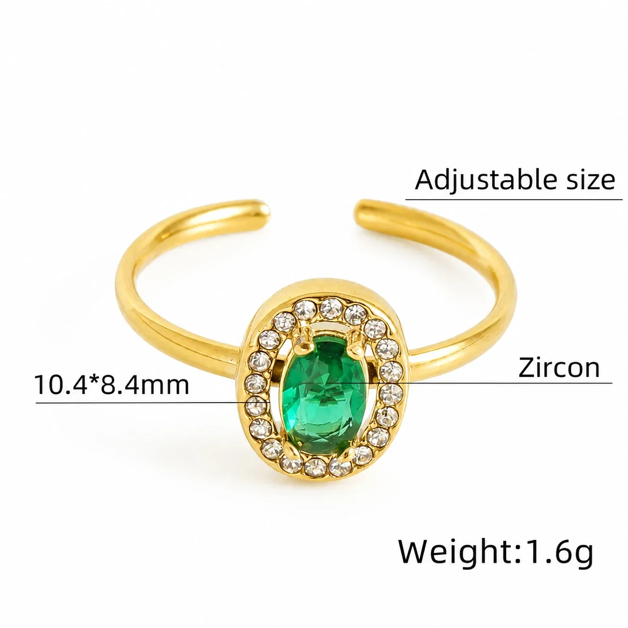Ornate 18K Gold-Plated Open-Front CZ Halo Ring - Gold Oval Green CZ