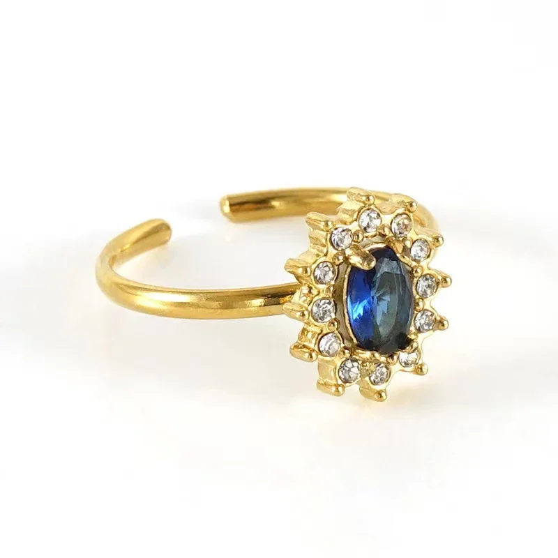 Ornate 18K Gold-Plated Open-Front CZ Halo Ring - Gold Sunflower Blue CZ