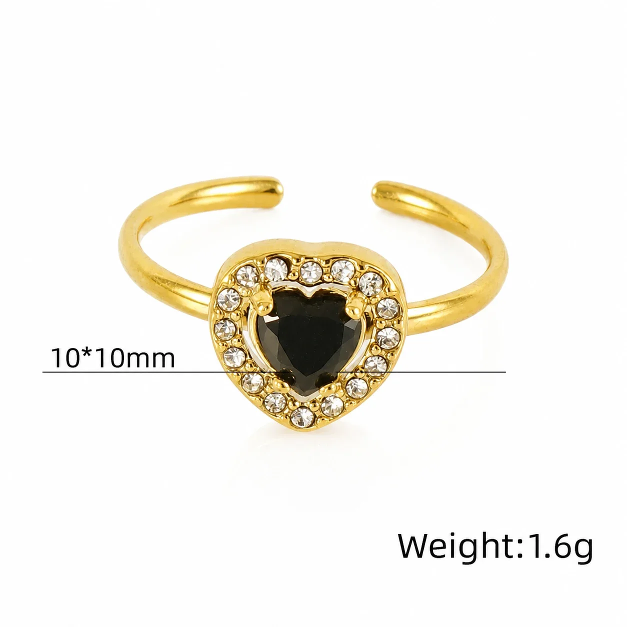 Ornate 18K Gold-Plated Open-Front CZ Halo Ring - Gold Heart Black CZ
