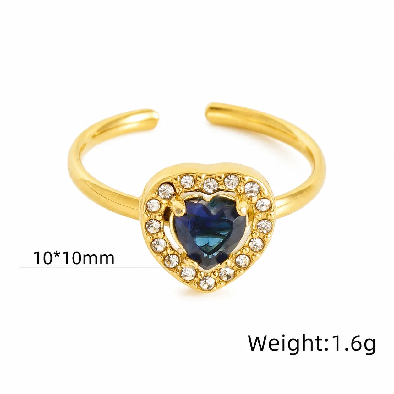 Ornate 18K Gold-Plated Open-Front CZ Halo Ring - Gold Heart Blue CZ
