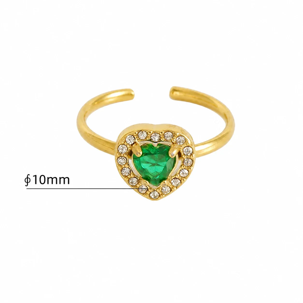Ornate 18K Gold-Plated Open-Front CZ Halo Ring - Gold Heart Green CZ