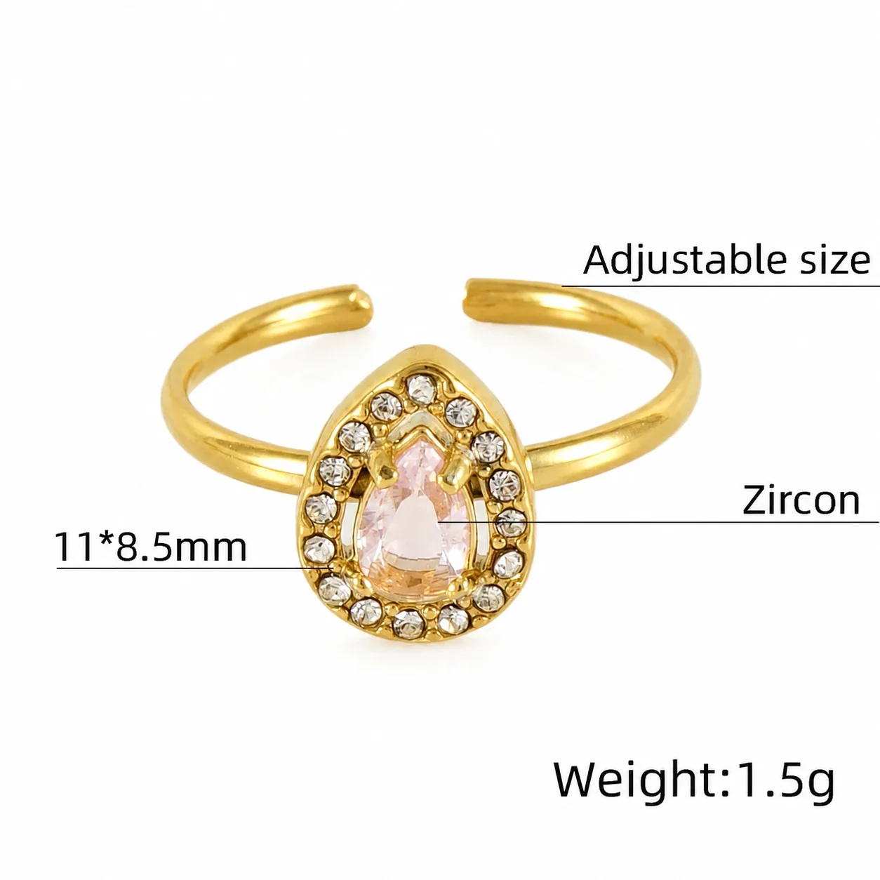 Ornate 18K Gold-Plated Open-Front CZ Halo Ring - Gold Teardrop Pink CZ