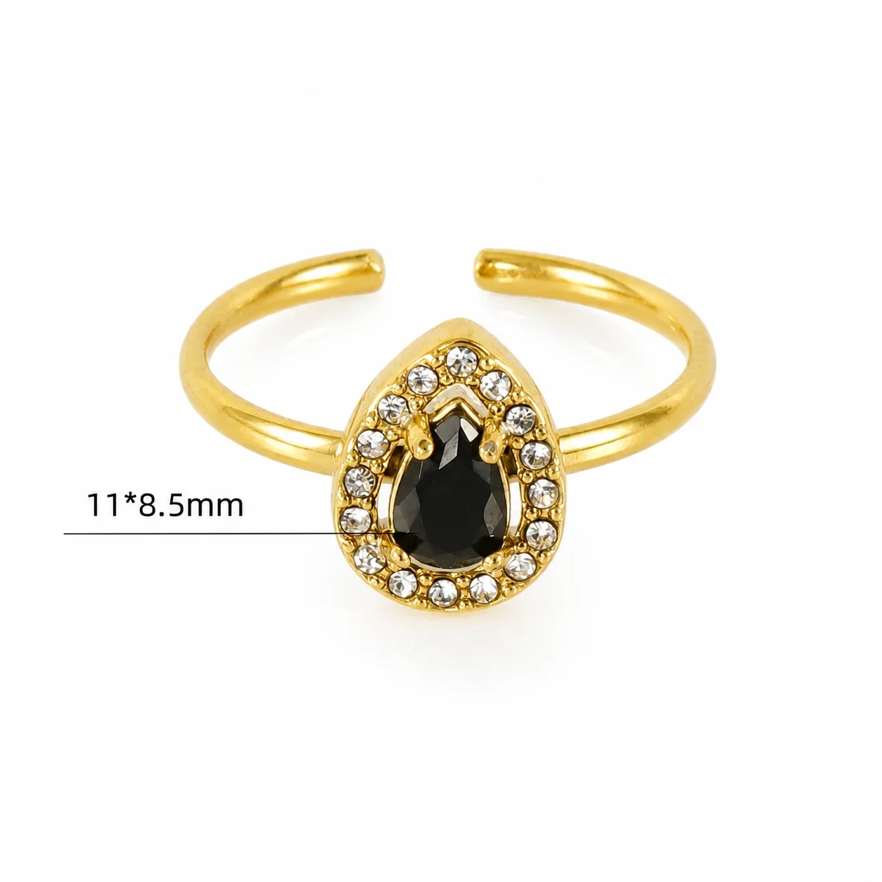 Ornate 18K Gold-Plated Open-Front CZ Halo Ring - Gold Teardrop Black CZ