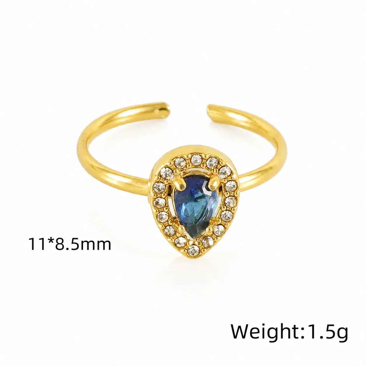 Ornate 18K Gold-Plated Open-Front CZ Halo Ring - Gold Teardrop Blue CZ