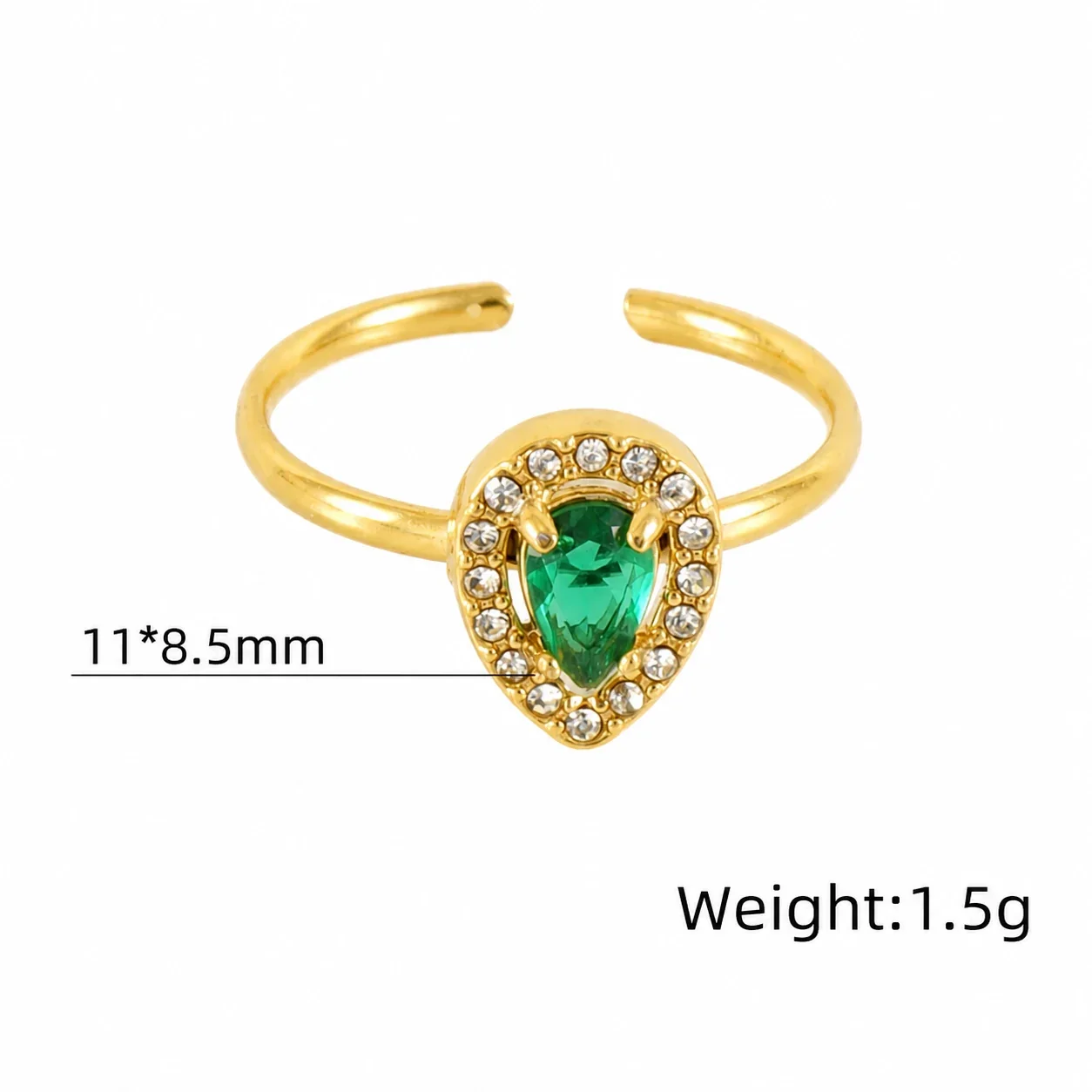 Ornate 18K Gold-Plated Open-Front CZ Halo Ring - Gold Teardrop Green CZ