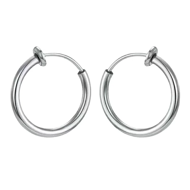 Polished Stainless Steel Round Tube Clip-On Hoop Earrings