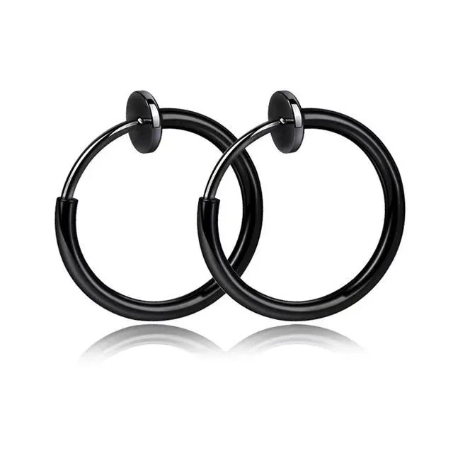 Polished Stainless Steel Round Tube Clip-On Hoop Earrings - Black mm