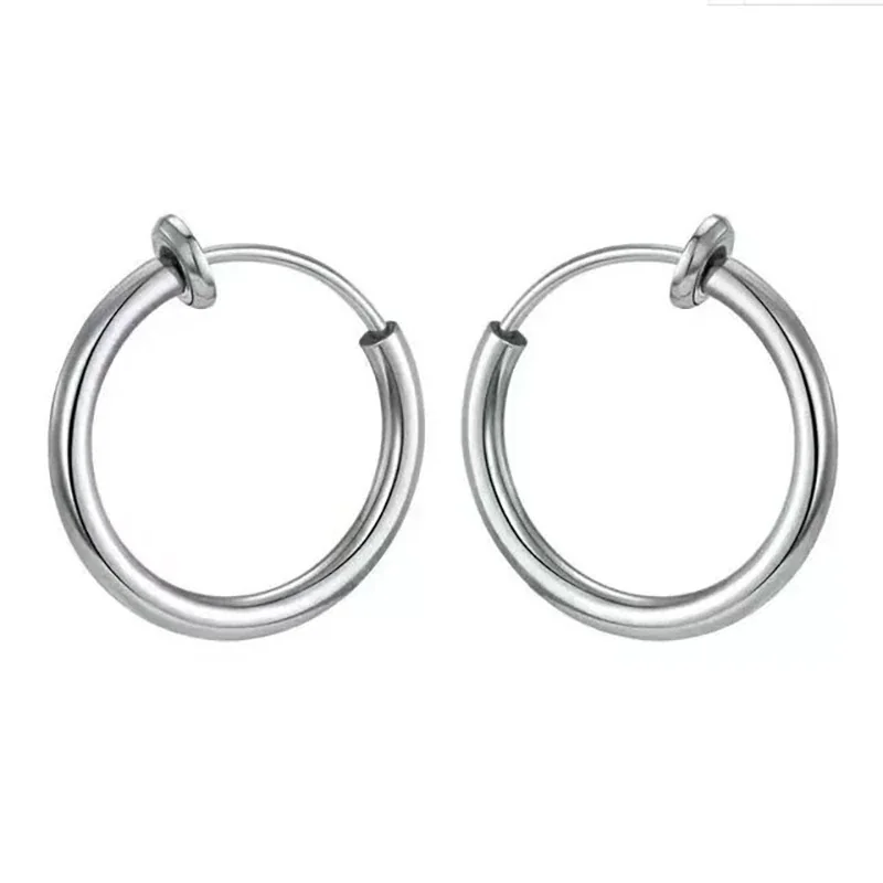 Polished Stainless Steel Round Tube Clip-On Hoop Earrings - Silver mm