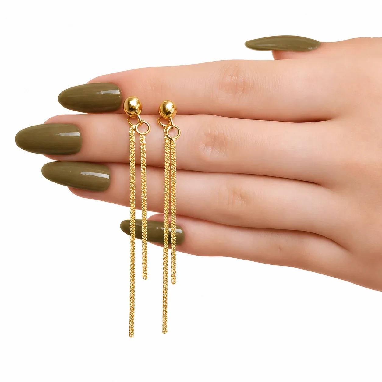 Foto del producto: Pendientes aro acero inoxidable con bola, cadenas colgantes y PVD dorado