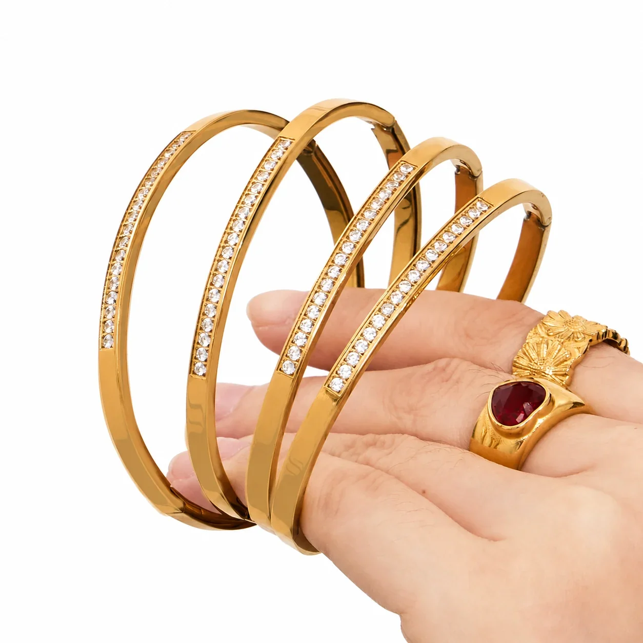 Polished Gold-Plated 316L Pavé Bar Hinge Bangle