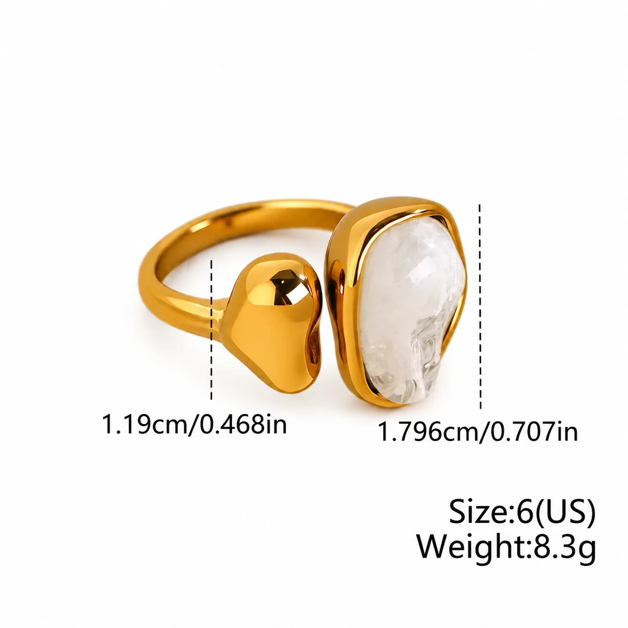 Open ring met onregelmatige harsinleg en verguld staal productfoto