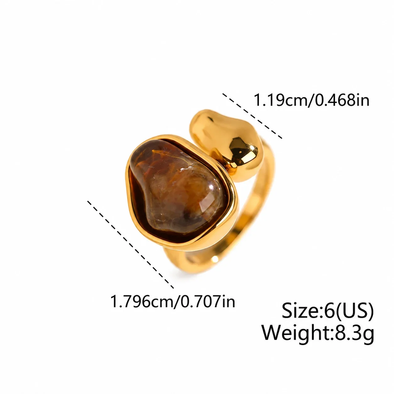 Open ring met onregelmatige harsinleg en verguld staal productfoto