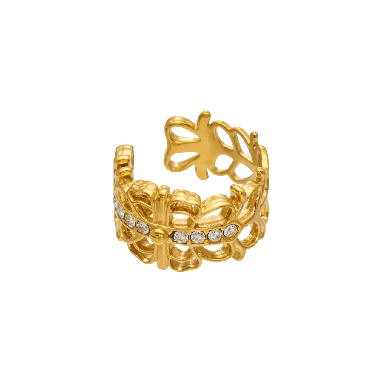 Vlinder-ear cuff met ajourwerk en kristalrij van verguld staal