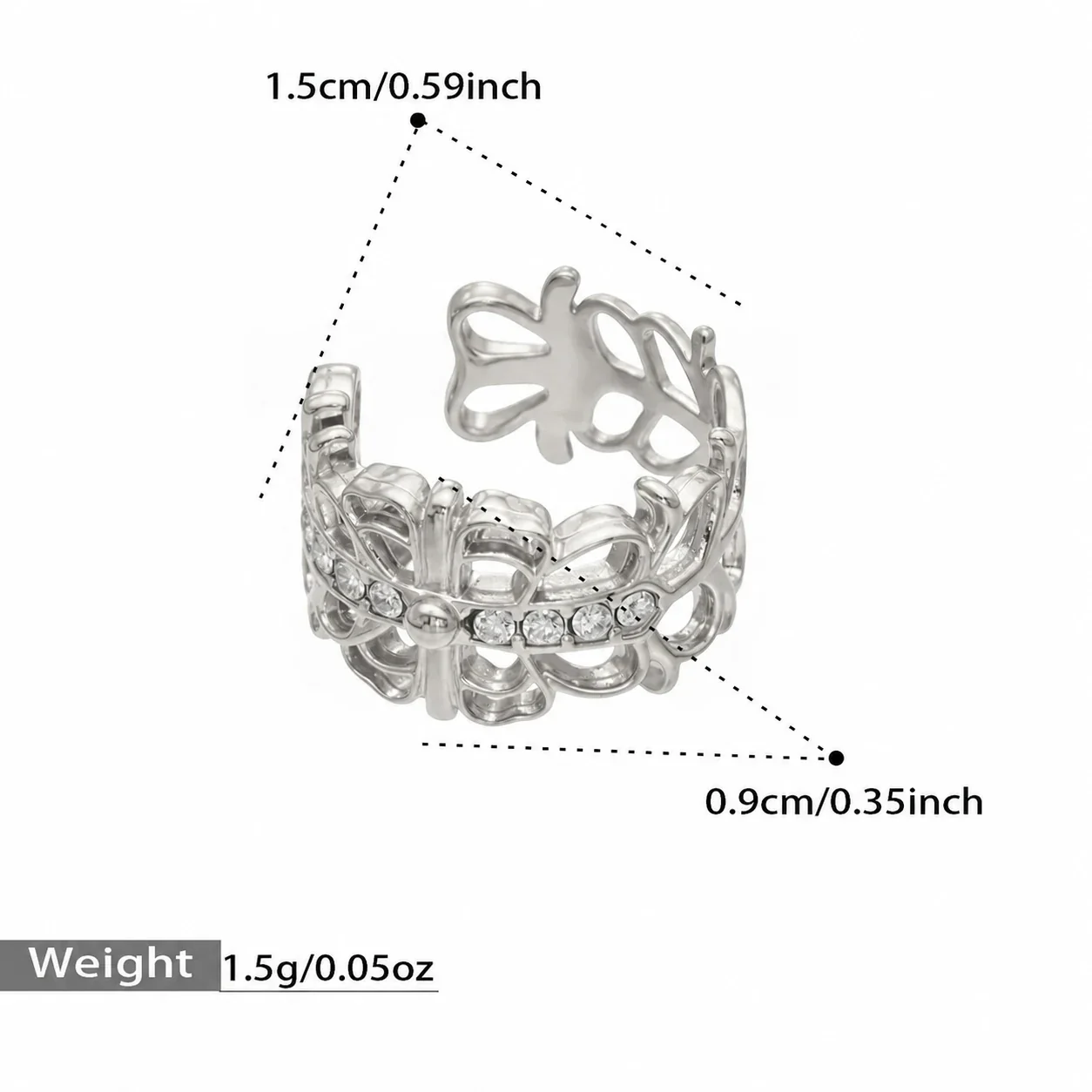 Vlinder-ear cuff met ajourwerk en kristalrij van verguld staal productfoto