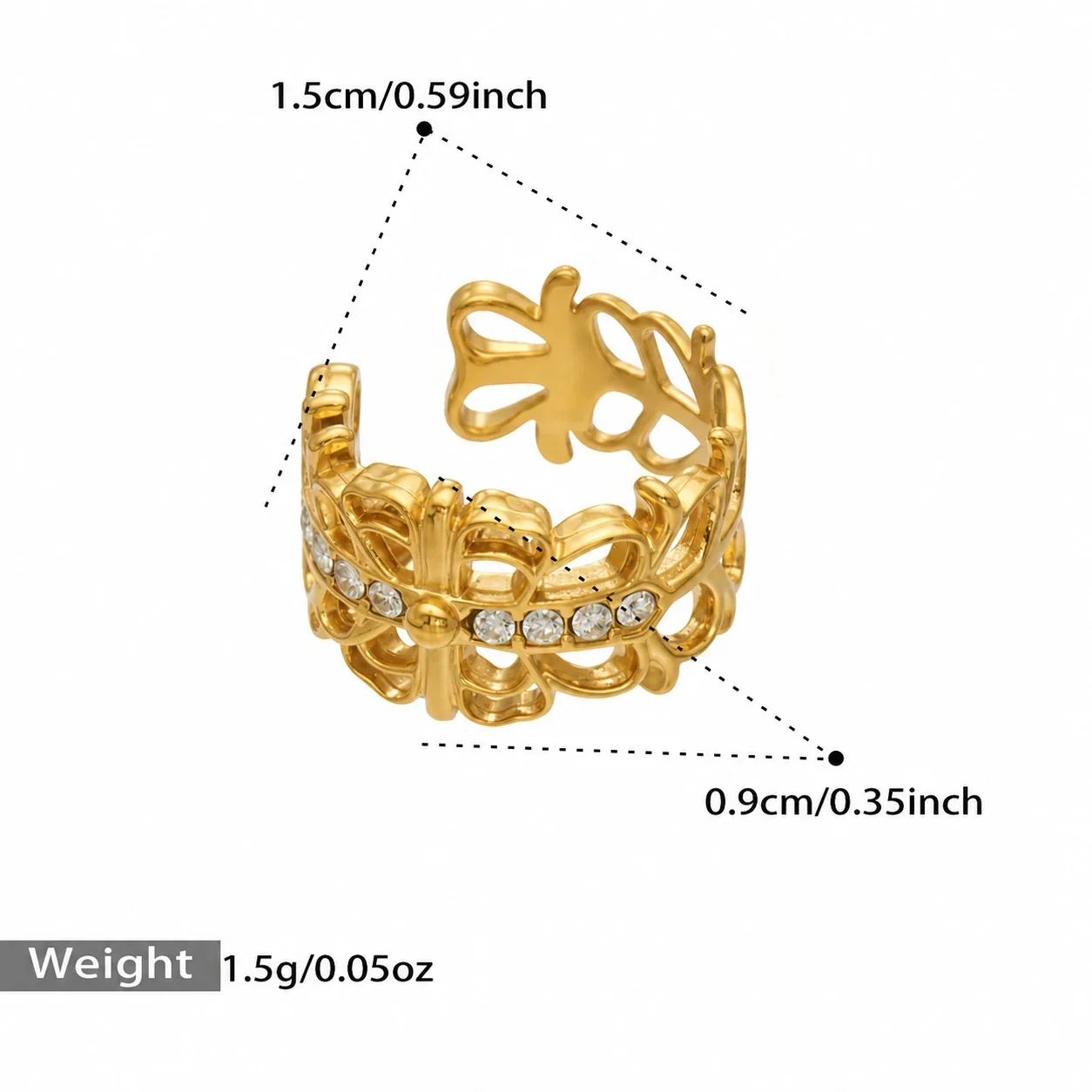 Vlinder-ear cuff met ajourwerk en kristalrij van verguld staal productfoto