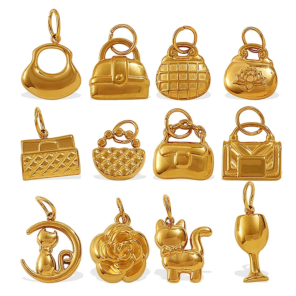Pendant Charms with Handbag, Cat & Flower 18K Gold-Plated