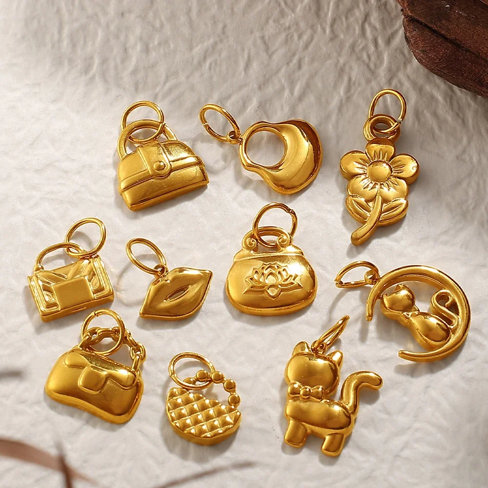 Foto do produto: Pendant Charms with Handbag, Cat & Flower 18K Gold-Plated