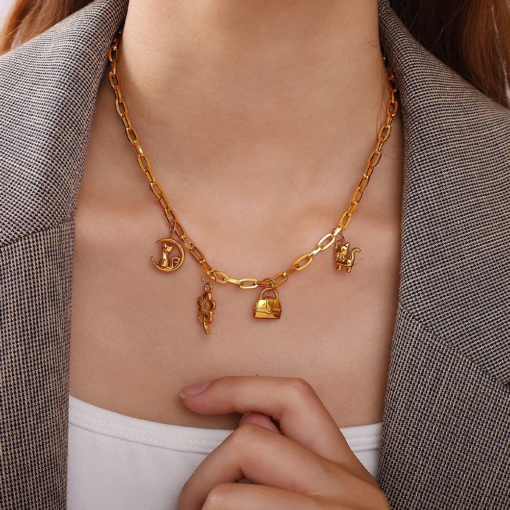 Foto do produto: Pendant Charms with Handbag, Cat & Flower 18K Gold-Plated