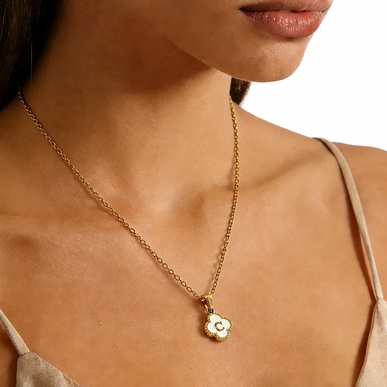 Clover Shell Initial 18K Gold-Plated 316 Stainless Steel Necklace