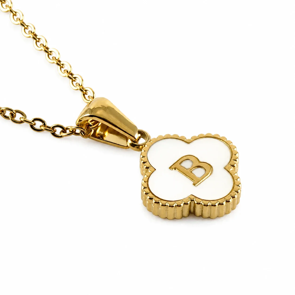 Clover Shell Initial 18K Gold-Plated 316 Stainless Steel Necklace - Gold B