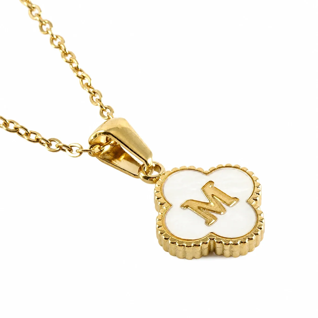 Clover Shell Initial 18K Gold-Plated 316 Stainless Steel Necklace - Gold M