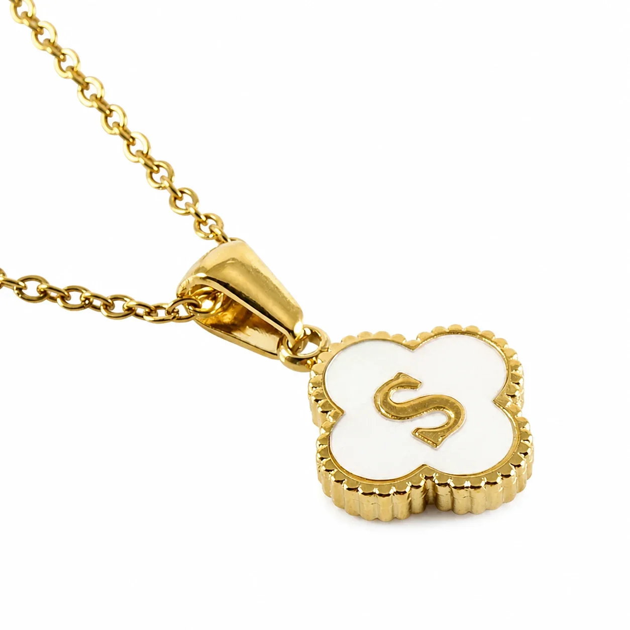Clover Shell Initial 18K Gold-Plated 316 Stainless Steel Necklace - Gold S