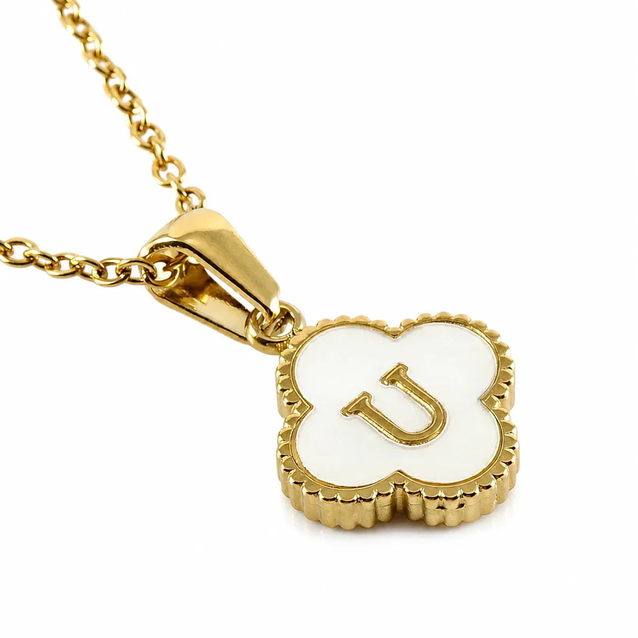 Clover Shell Initial 18K Gold-Plated 316 Stainless Steel Necklace - Gold U