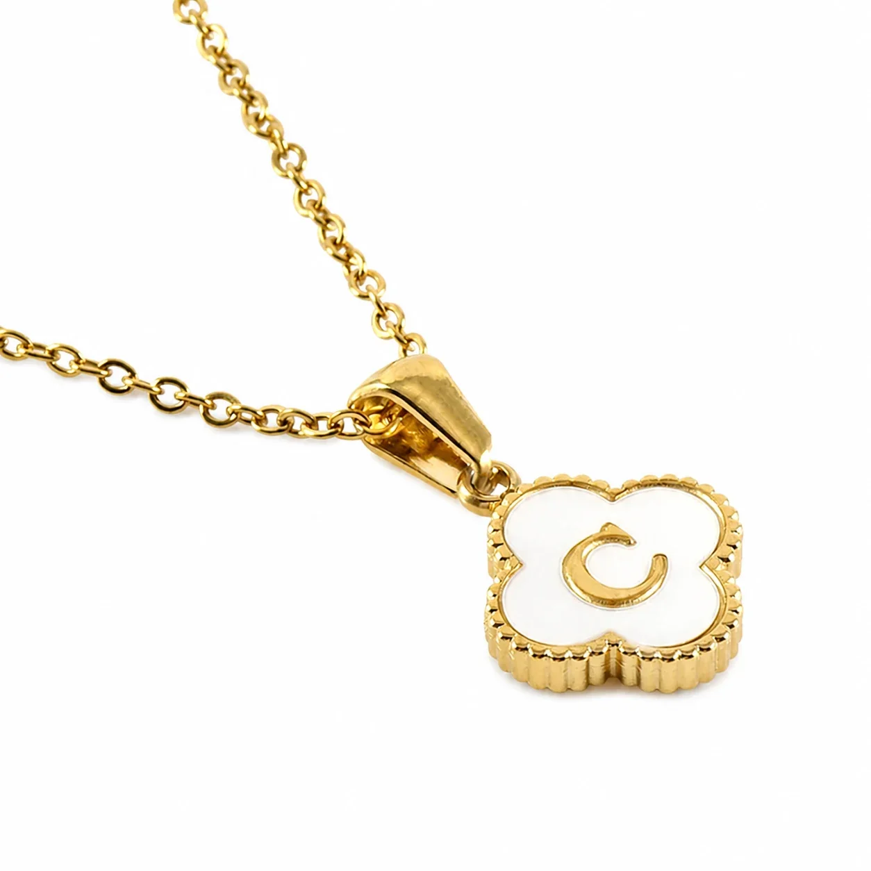 Clover Shell Initial 18K Gold-Plated 316 Stainless Steel Necklace - Gold C