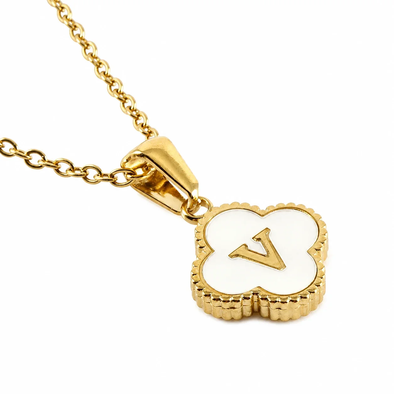Clover Shell Initial 18K Gold-Plated 316 Stainless Steel Necklace - Gold V