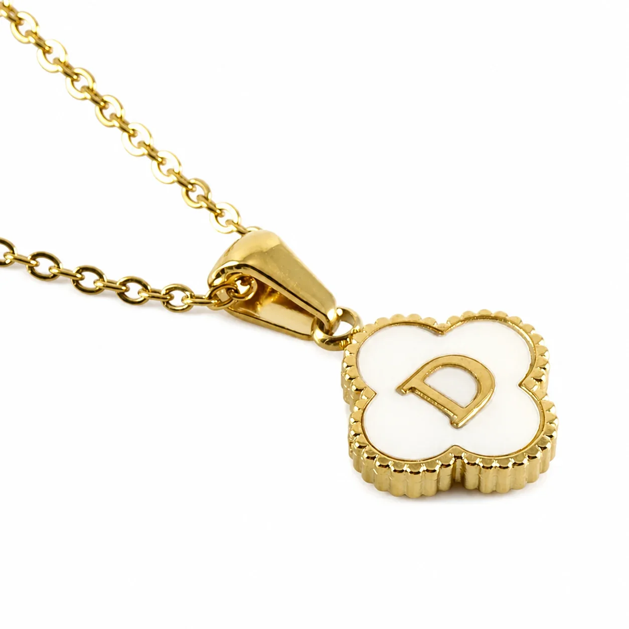 Clover Shell Initial 18K Gold-Plated 316 Stainless Steel Necklace - Gold D