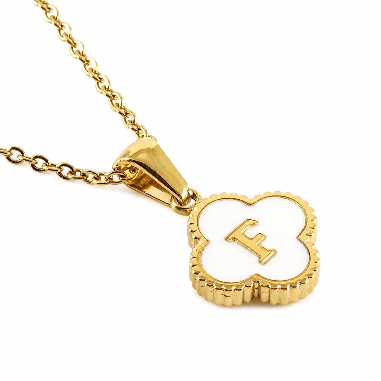 Clover Shell Initial 18K Gold-Plated 316 Stainless Steel Necklace - Gold F