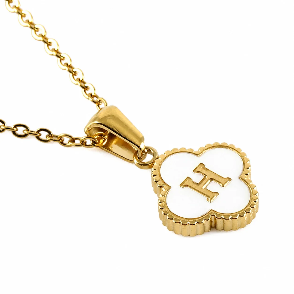 Clover Shell Initial 18K Gold-Plated 316 Stainless Steel Necklace - Gold H