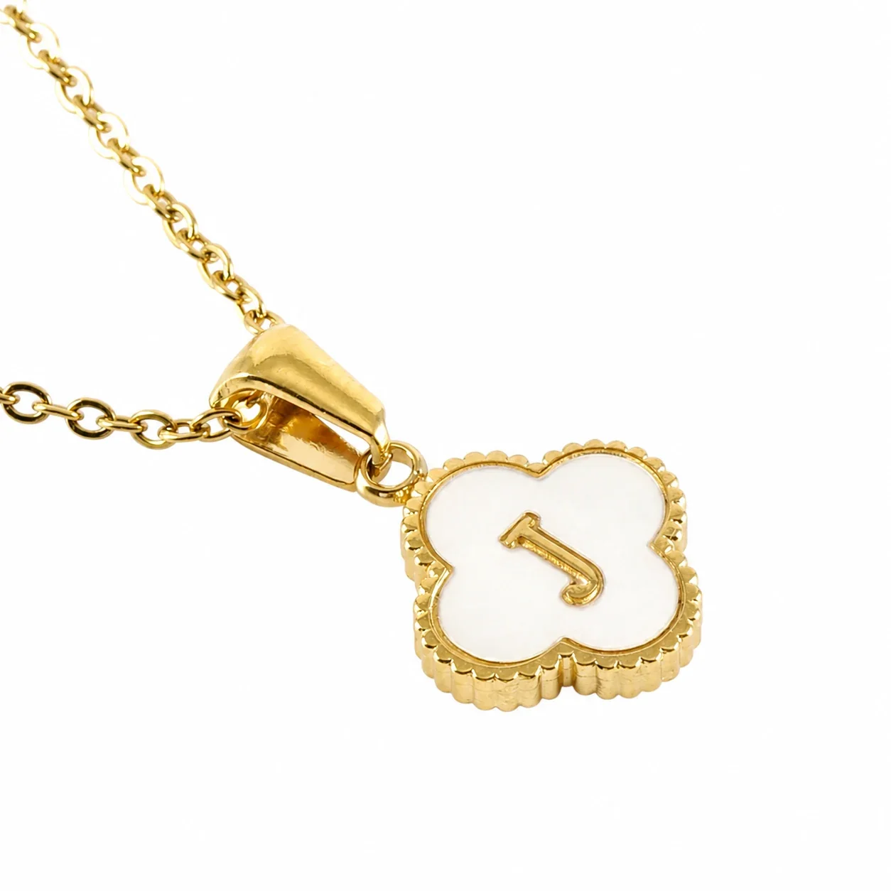 Clover Shell Initial 18K Gold-Plated 316 Stainless Steel Necklace - Gold J