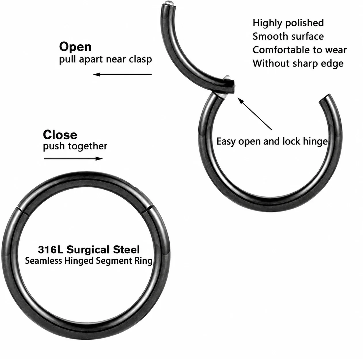 Sleek 316 Stainless Steel Round Clicker Hoop Earrings - Black