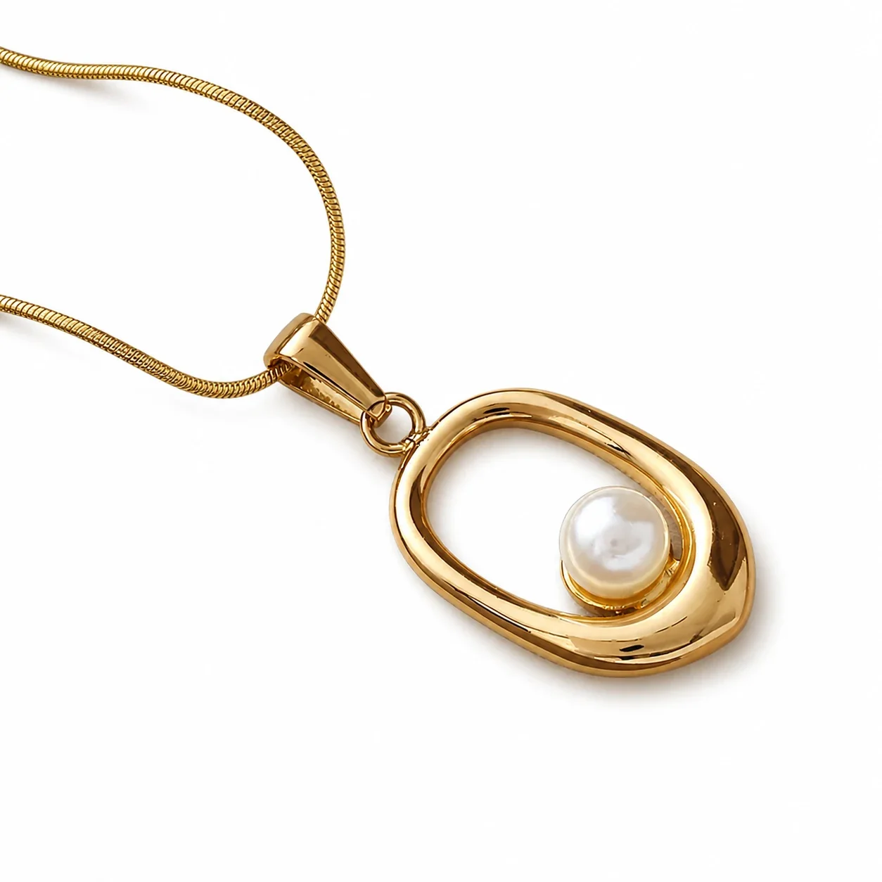Open Oval 316 Stainless Steel Pearl Bead Pendant Necklace