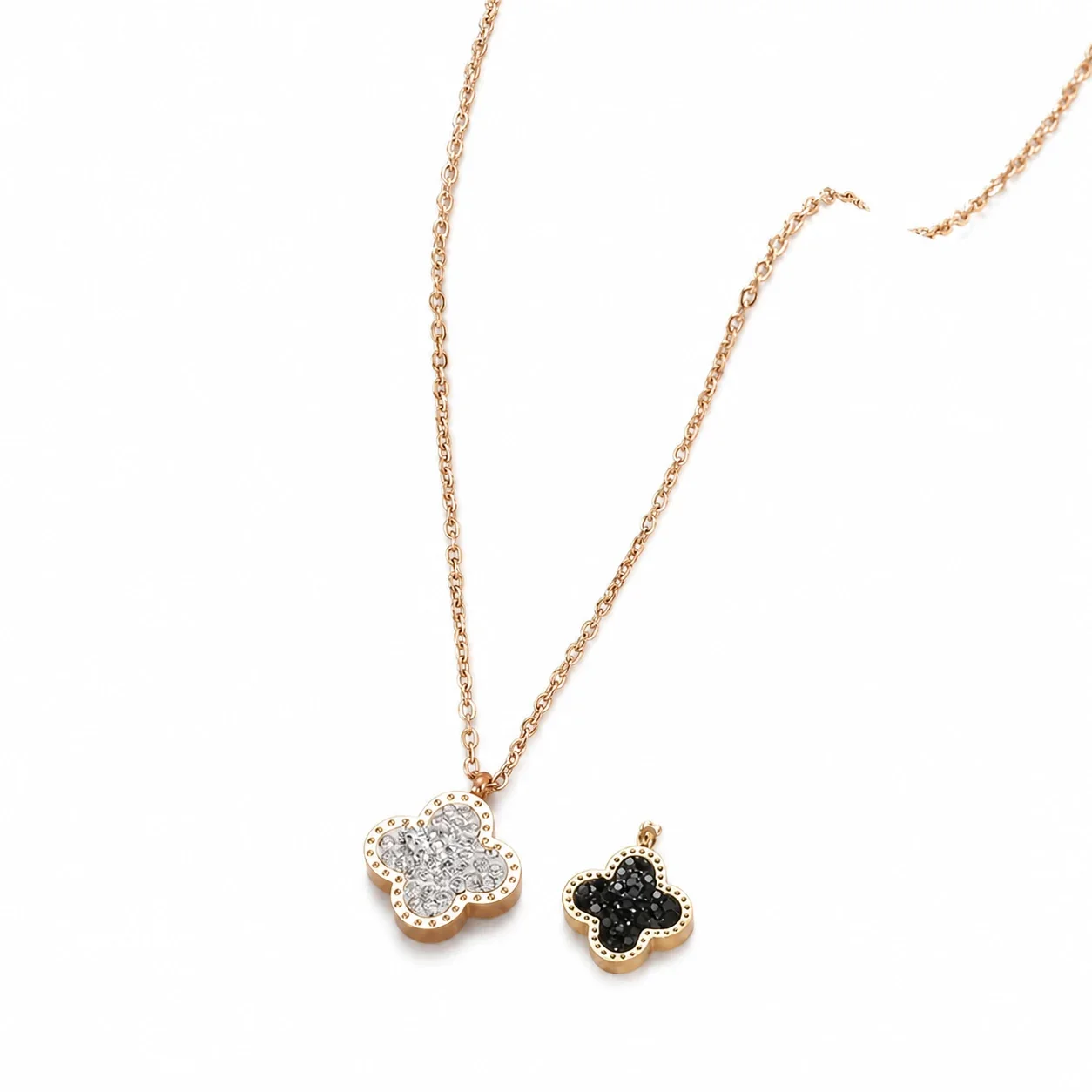 Gold-Plated Pavé Clover Pendant Necklace - Rose Gold Black White Double-Sided