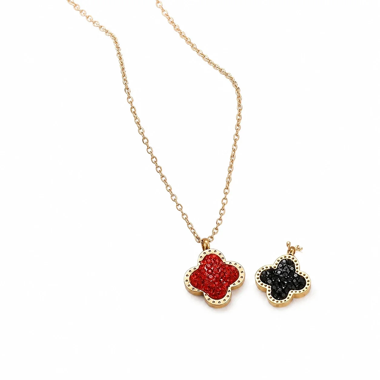 Gold-Plated Pavé Clover Pendant Necklace - Rose Gold Black Red Double-Sided