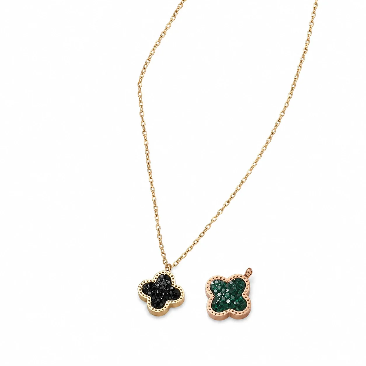 Gold-Plated Pavé Clover Pendant Necklace - Rose Gold Black Green Double-Sided