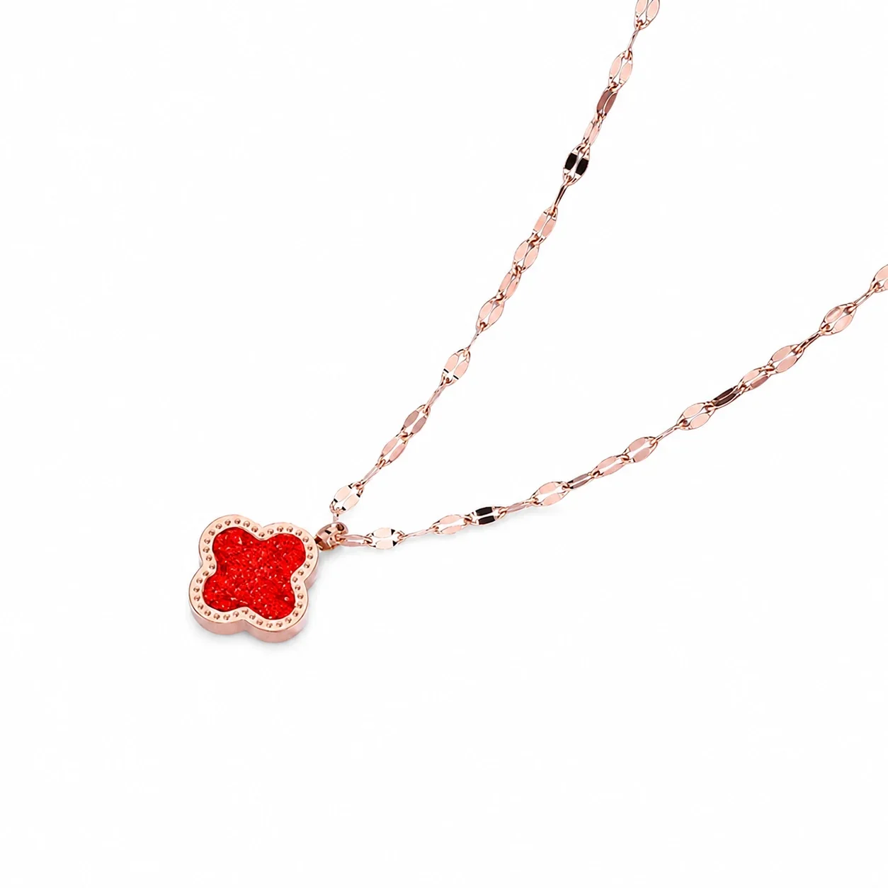 Gold-Plated Pavé Clover Pendant Necklace - Rose Gold Lip Black Red Double-Sided