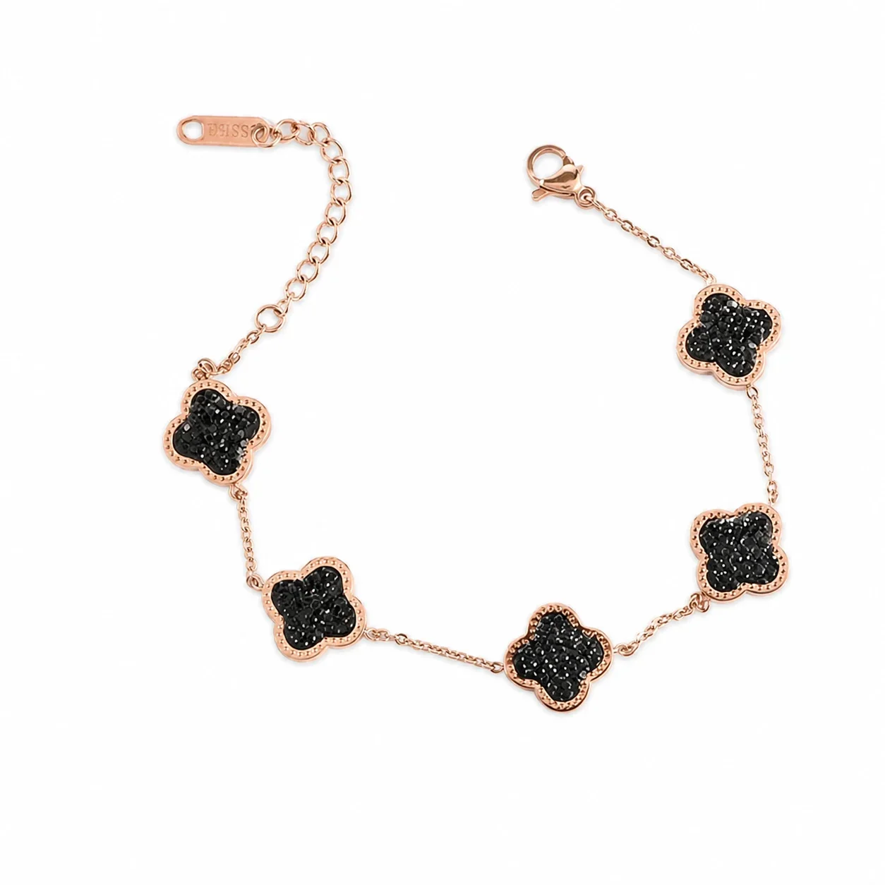 Gold-Plated Pavé Clover Pendant Necklace - Rose Gold Black
