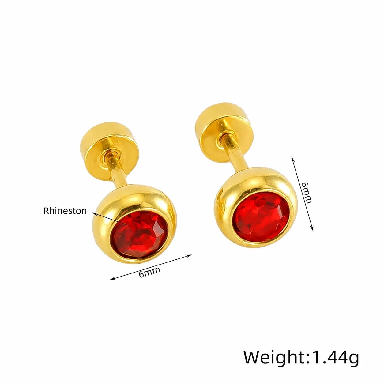 Polished Gold-Plated Bezel Round Crystal Stud Earrings - Gold Red Crystal