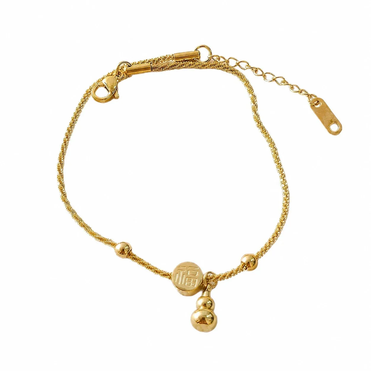 Gilded Stainless Steel Fu Coin Gourd Bead Anklet